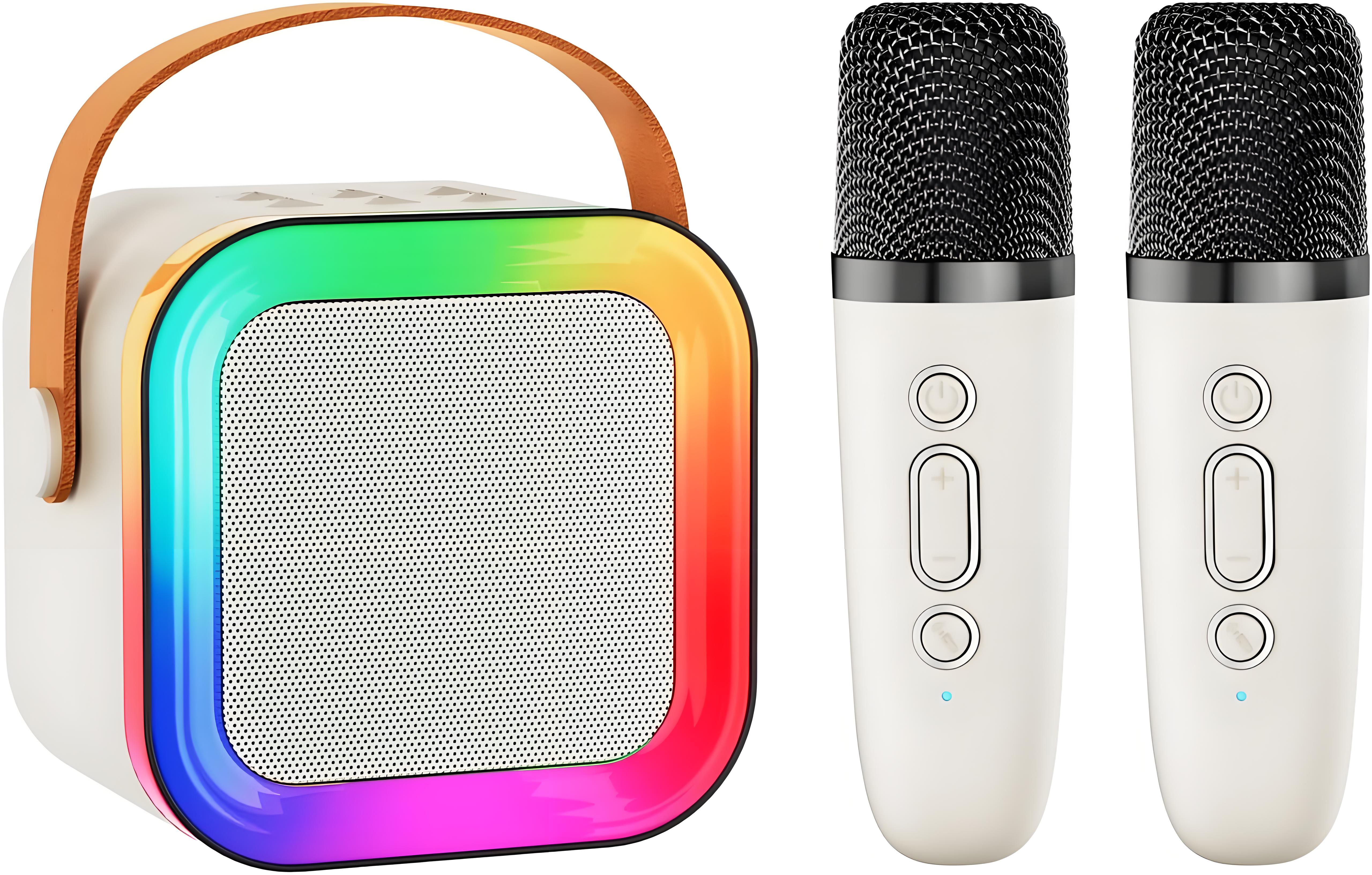 Off-White Mini Karaoke Machine with 2 Wireless Microphones: Portable Bluetooth Speaker for Kids & Adults, Ideal Gift for All Occasions - Image 1